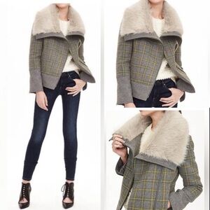 Banana Republic Faux Fur Plaid Moto Jacket‎ Sz. XS hipster,biker,retro,Y2K 90’S